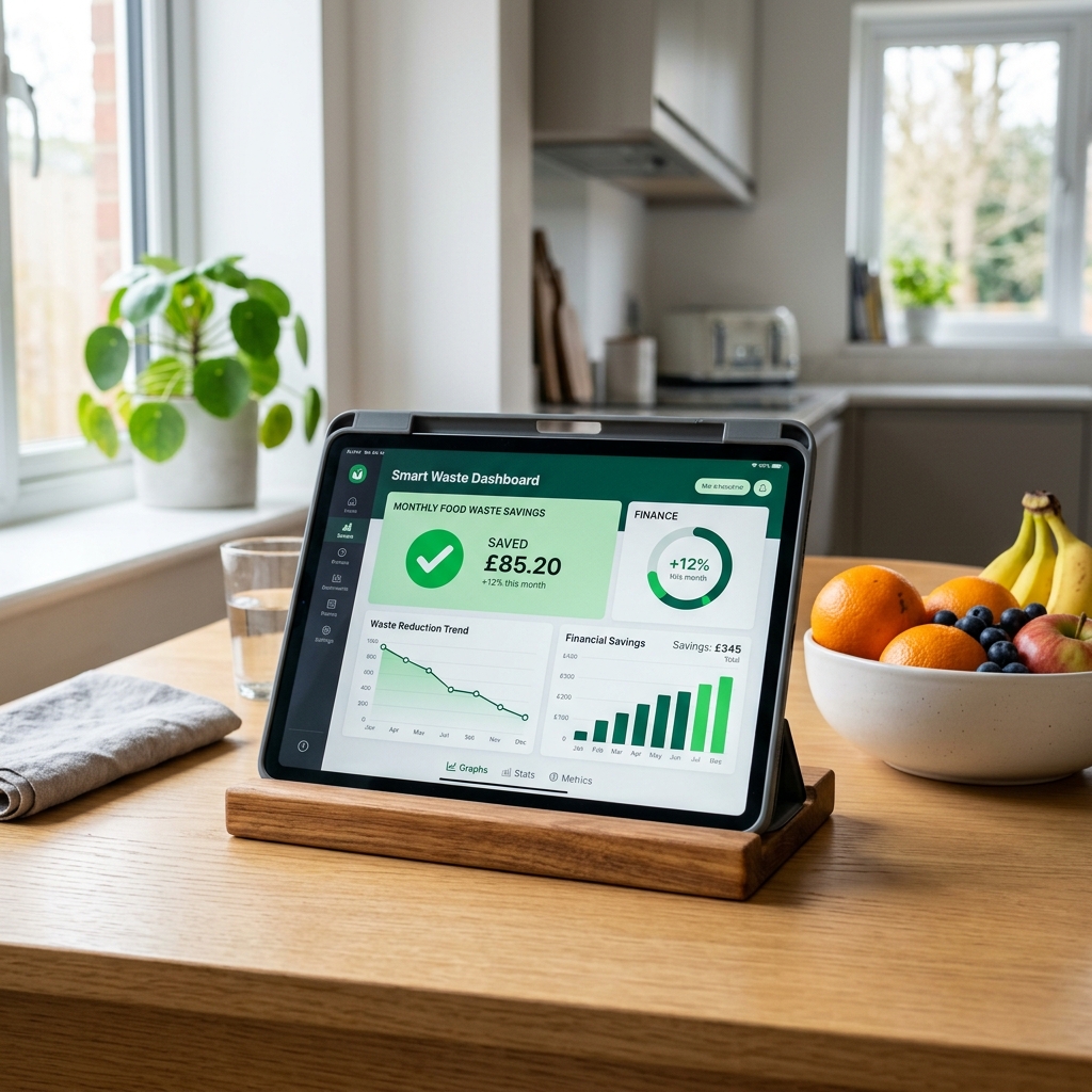 Tablet displaying kitchen financial savings statistics and graphs